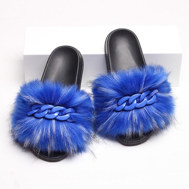 Furry Fur Slippers Fluffy Flip Flops Women Summer Faux Fox Sandals