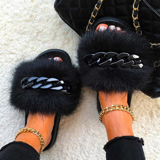 Furry Fur Slippers Fluffy Flip Flops Women Summer Faux Fox Sandals