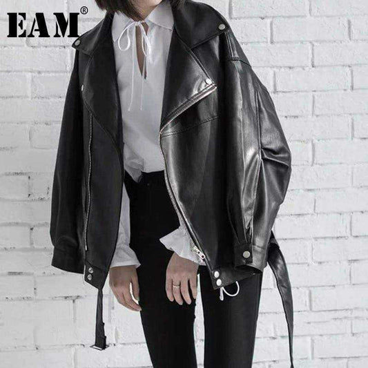 High Quality Spring Black PU Leather Loose Turn-down Women Jacket