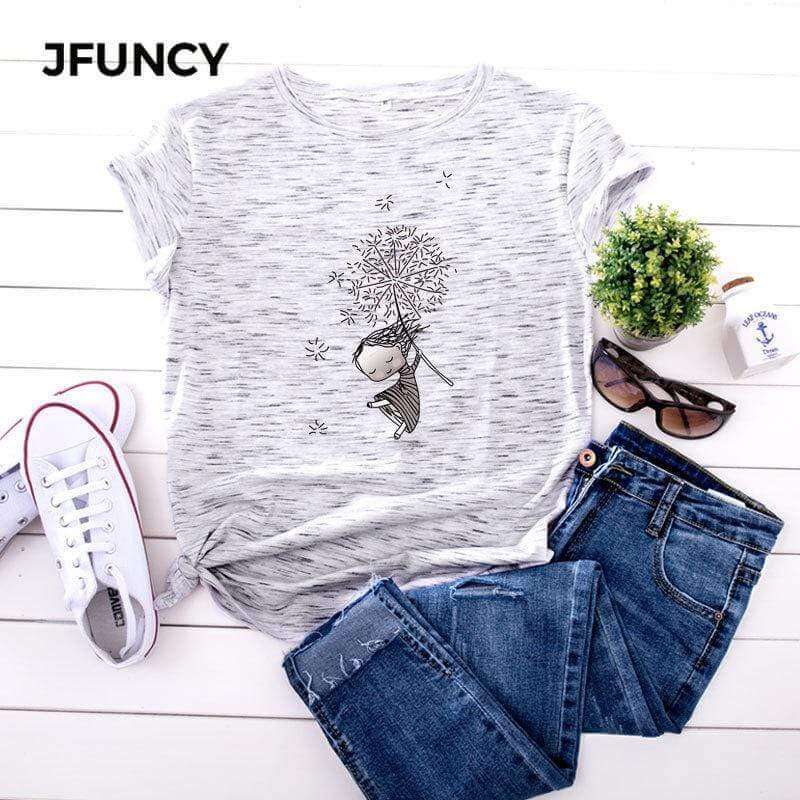 JFUNCY Plus Size 5XL Women T Shirts Fashion Print Short Sleeve Summer Cotton T-Shirt Female Tops Oversized Woman Casual Tshirt