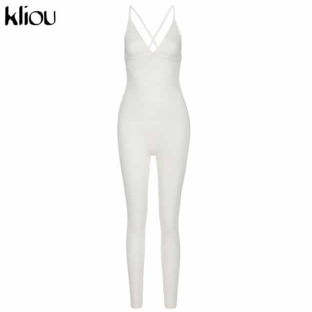 Kliou v-neck skinny sexy jumpsuit women summer 2020 hollow out partywear halter sleeveless streetwear outfit fitness backless