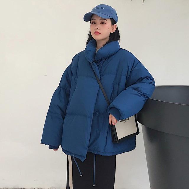 Korean Style  Winter Jacket Women Stand Collar Solid Black White Female Down Coat Loose Oversized Womens Short Parka