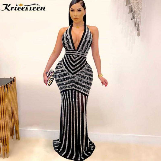 Kricesseen Sexy Black Halter Embelleshied Crystal Maxi Dress