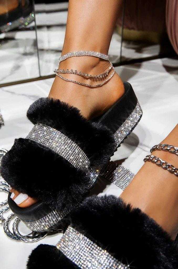 Luxury Designer Women Fur Rhinestone Slippers Platform Wedges