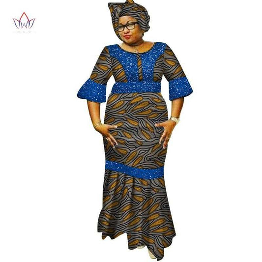 New Dashiki Women Long Dresses with Headscarf Bazin Riche African Patchwork Dresses