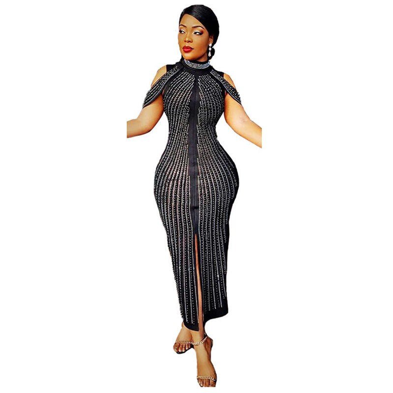 New Fashion Mesh Diamonds  Lady African Clothes Gown Outfit
