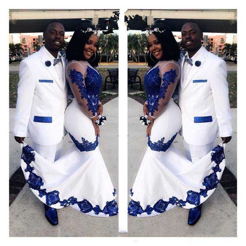 New White Satin Royal Blue Lace Aso Ebi African Prom Dresses