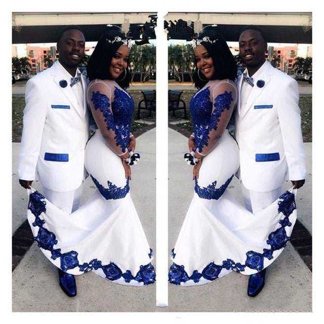 New White Satin Royal Blue Lace Aso Ebi African Prom Dresses