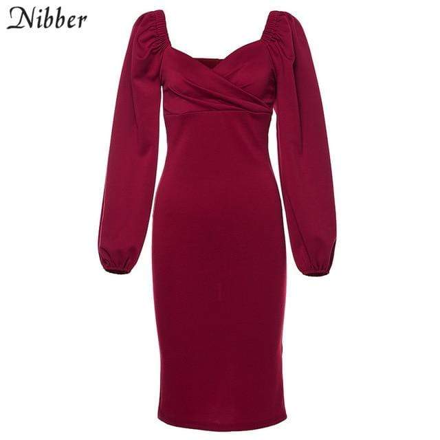 Nibber sexy pure V Neck off shoulder bodycon dress women autumn winter club party night red Elegant midi dress Mujer black dress