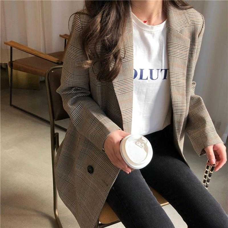 Office Ladies Notched Collar Plaid Women Blazer Double Breasted Autumn Jacket