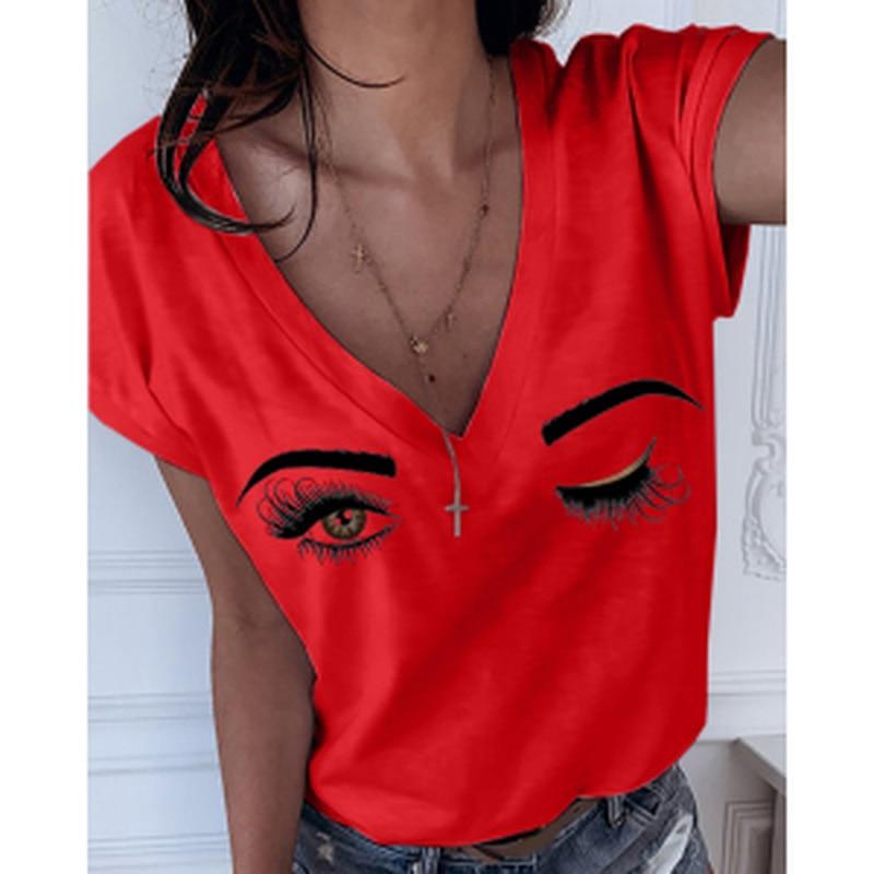 S-5XL Plus Size Eyebrows Eyes Deep V-neck Women's T-shirt
