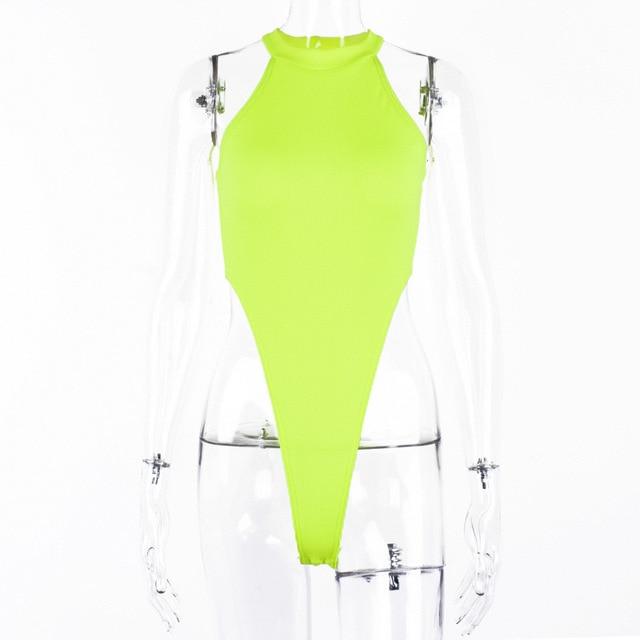 Sexy High Street Bodycon Neon Bodysuits Summer Colorful Sleevelss Backless Ftness Outfit Club Party Jumpsuit Combinaison Femme