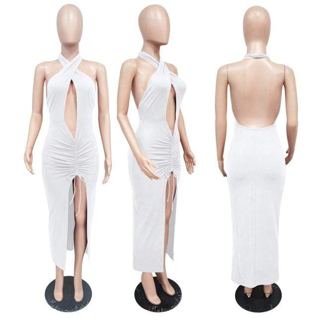 Sexy Open Back Maxi Dresses High Slit Draped Long Dress