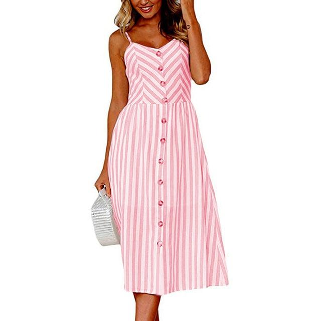 Vintage Casual Sundress Female Beach Dress Midi Button Backless Polka Dot Striped Women Dress Summer 2020 Boho Sexy Floral Dress