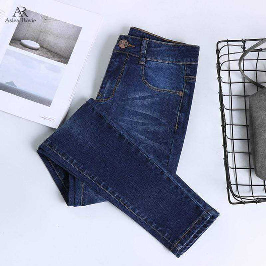 Woman High Waist Plus Size Full Length Skinny Pencil Black Blue Denim Pants