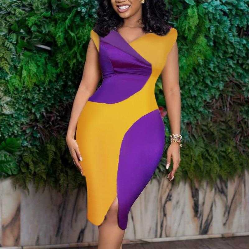Women Bodycon Dress Yellow Purple Patchwork Short Sleeve Office Lady Slim Femme Vestido Modest African Large Size Summer Fashion