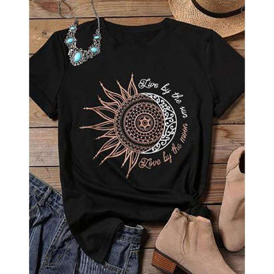 Women Casual Fashion T-Shirt letter sun moon print loose o-neck