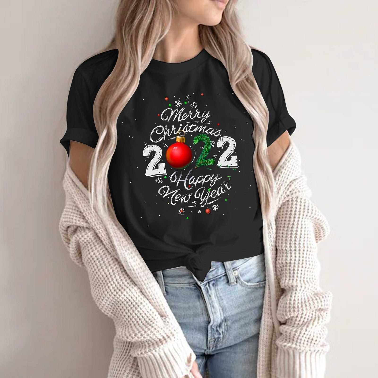 Women Christmas T-Shirt  Happy New Year 2022 Short Sleeve
