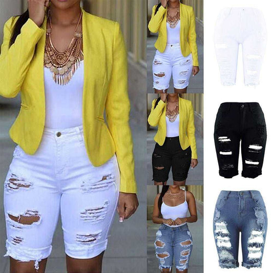 Women Elastic Destroyed Hole High Waist Leggings Shorts