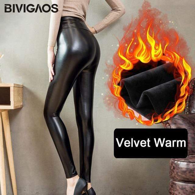 Women PU Leather Pants Elastic High Waist Winter Leggings